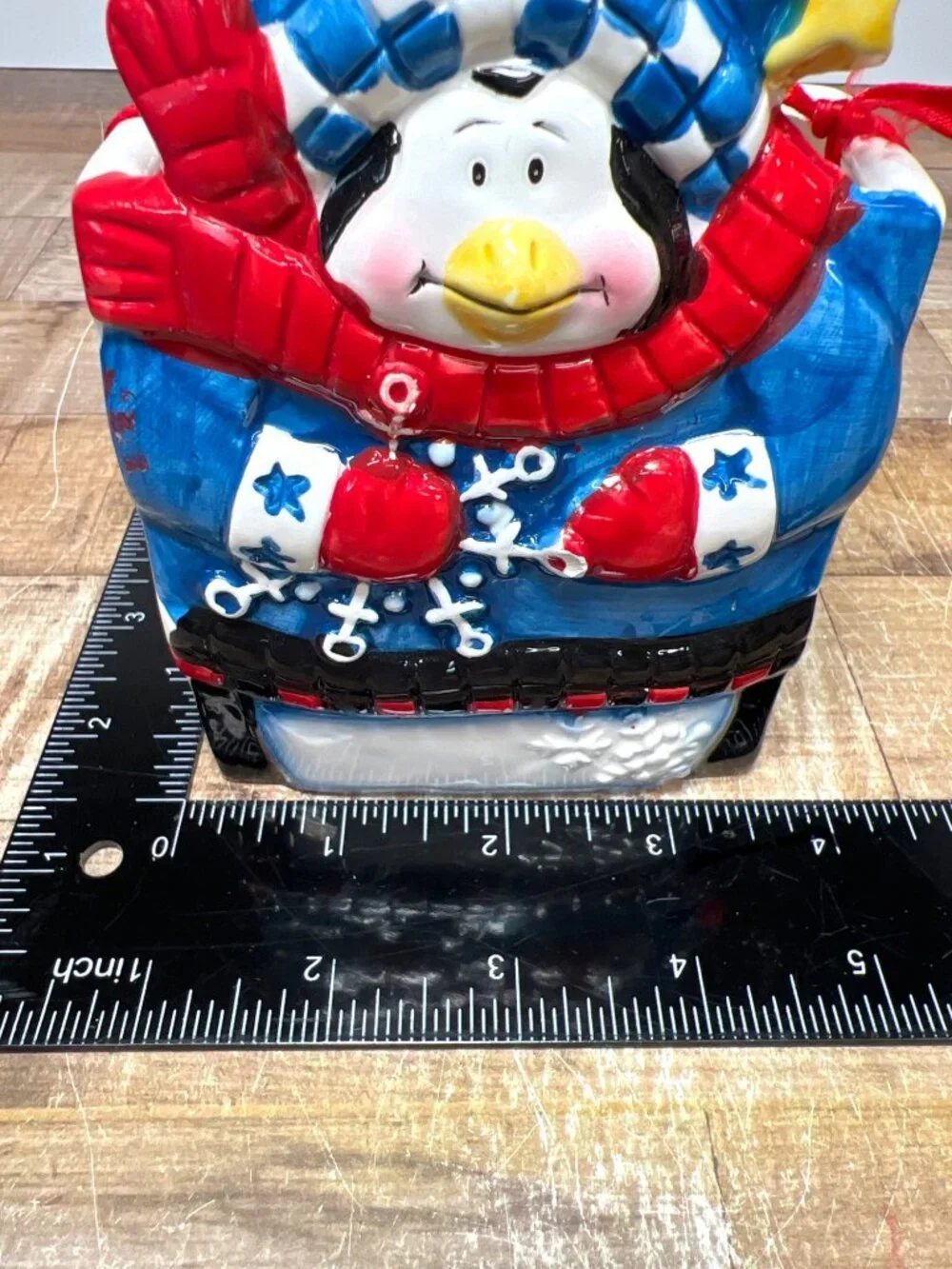 Snowman-Themed Ceramic Box With Red Ribbon Accent